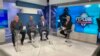 Euclides Rojas, Orlando "El Duque" Hernández y Brayan Peña, del equipo "Patria y Vida", el 5 del enero de 2024, de izquierda a derecha, y el moderador Camilo Loret de Mola, de MEGATV. (Imagen de OCB).