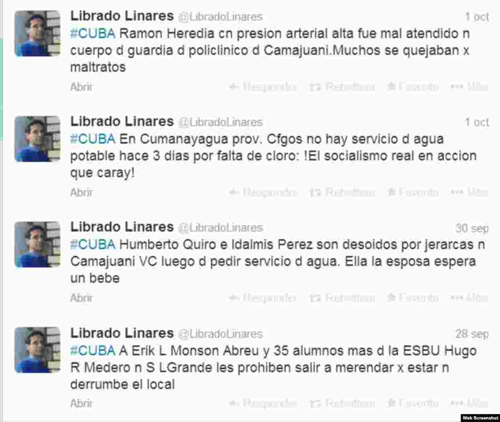 En Camajuaní en Villa Clara el ex preso político Librado Linares  publica denuncias de  acciones policiales contra activistas de derechos humanos no solo en su localidad si no en otras regiones. En esta ocasión Linares recibe mensjaes de texto de aquellos que aun no tienen cuentas en twitter y las hace pública a través de la suya @LibradoLinares.
