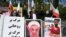 Protestas por la ejecución del atleta iraní Navid Afkari en Londres, la cuales generaron mucha actividad en los medios sociales, 20 de septiembre de 2020. (Justin Tallis / AFP).
