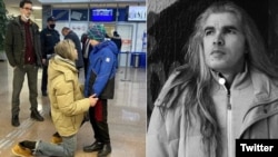Roberto Casanueva se despide de su hijo en el aeropuerto de Minsk, tras la orden de deportación (derecha). A la izquierda, en una foto de archivo.
